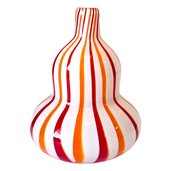Other - Vintage Murano Style Blown Glass Vase Gourd Orange White Striped 1960s